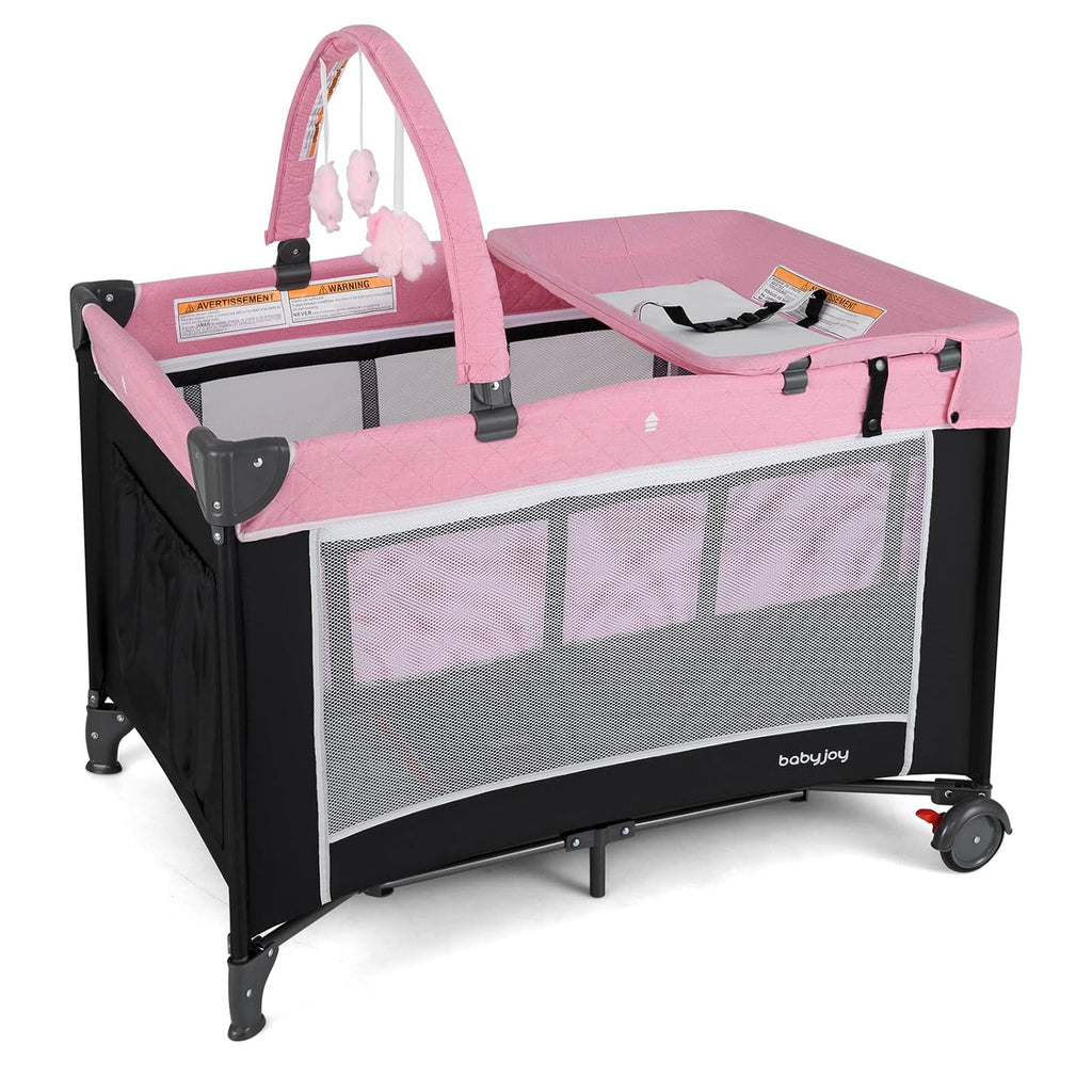 3 in 1 Pink Pack and Play, Travel Baby Crib Bassinet Bed with Bassinet for Girl, Changing Table w/Safety Belt
