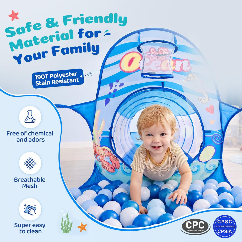 3 in 1 Kids Play Tent with Tunnel, Ball Pit, Basketball Hoop for Boys & Girls, Toddler Pop Up Playhouse Toy Baby
