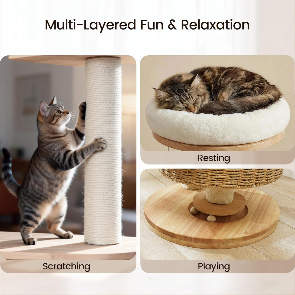 30-Inch Solid Wood Cat Tree Tower for Small to Medium Cats