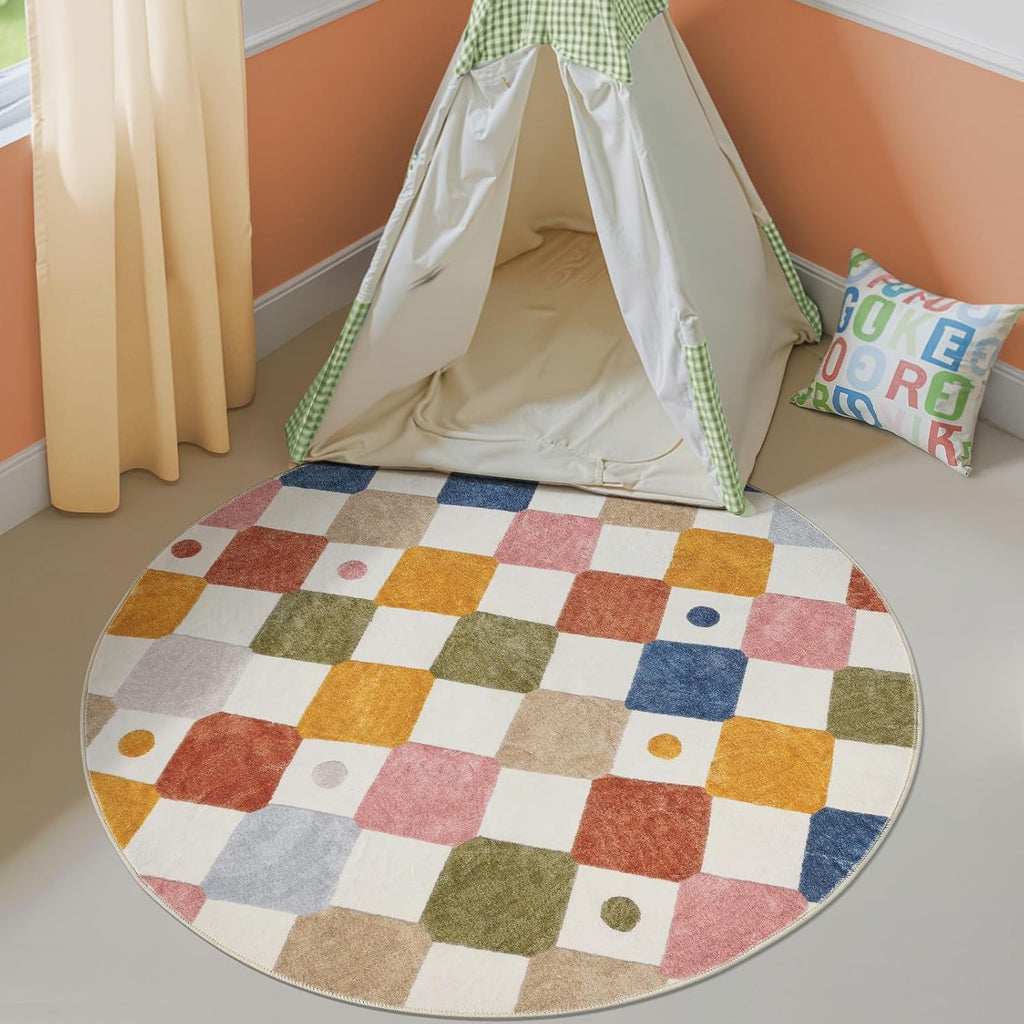 Round Kids Rug 5ft Washable Playroom Rug Colorful Nursery Play Mat