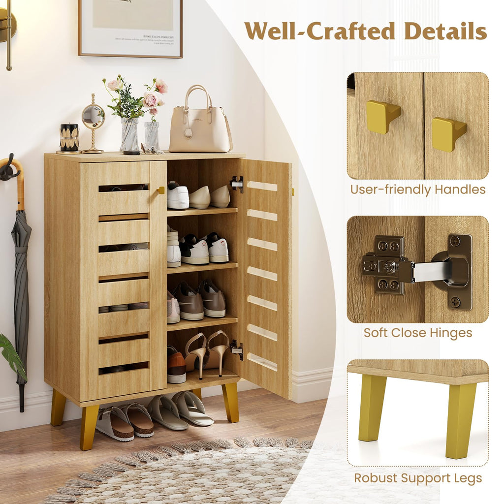 Shoe Cabinet with Doors, Modern Wooden Narrow Shoe Storage Cabinet