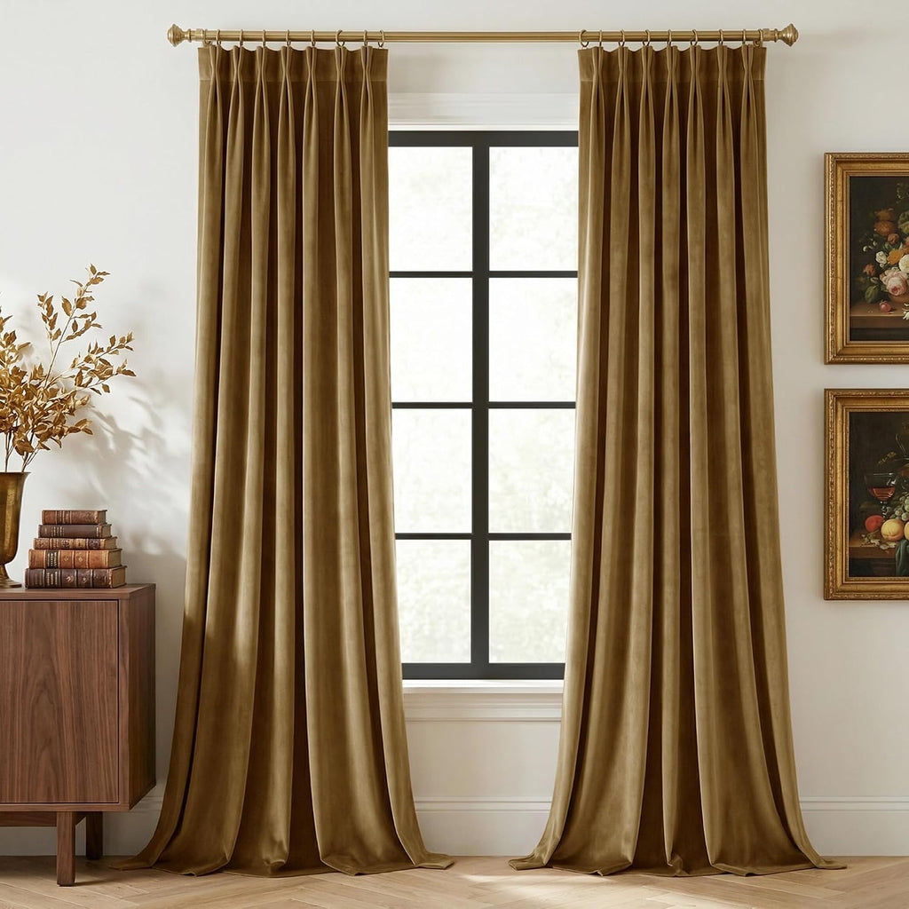 Pinch Pleated Curtains, Luxury Gold Brown Velvet Bedroom Curtains with Adjustable Hooks Back Tab Thermal Insulated