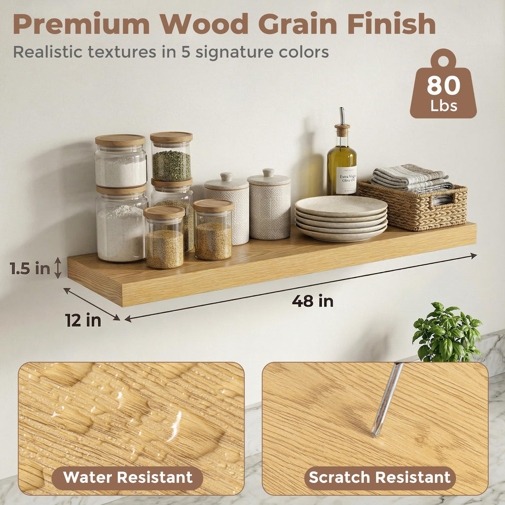 12 inch Deep Floating Shelves for Wall, 48" Wide, Oak, 2-Pack