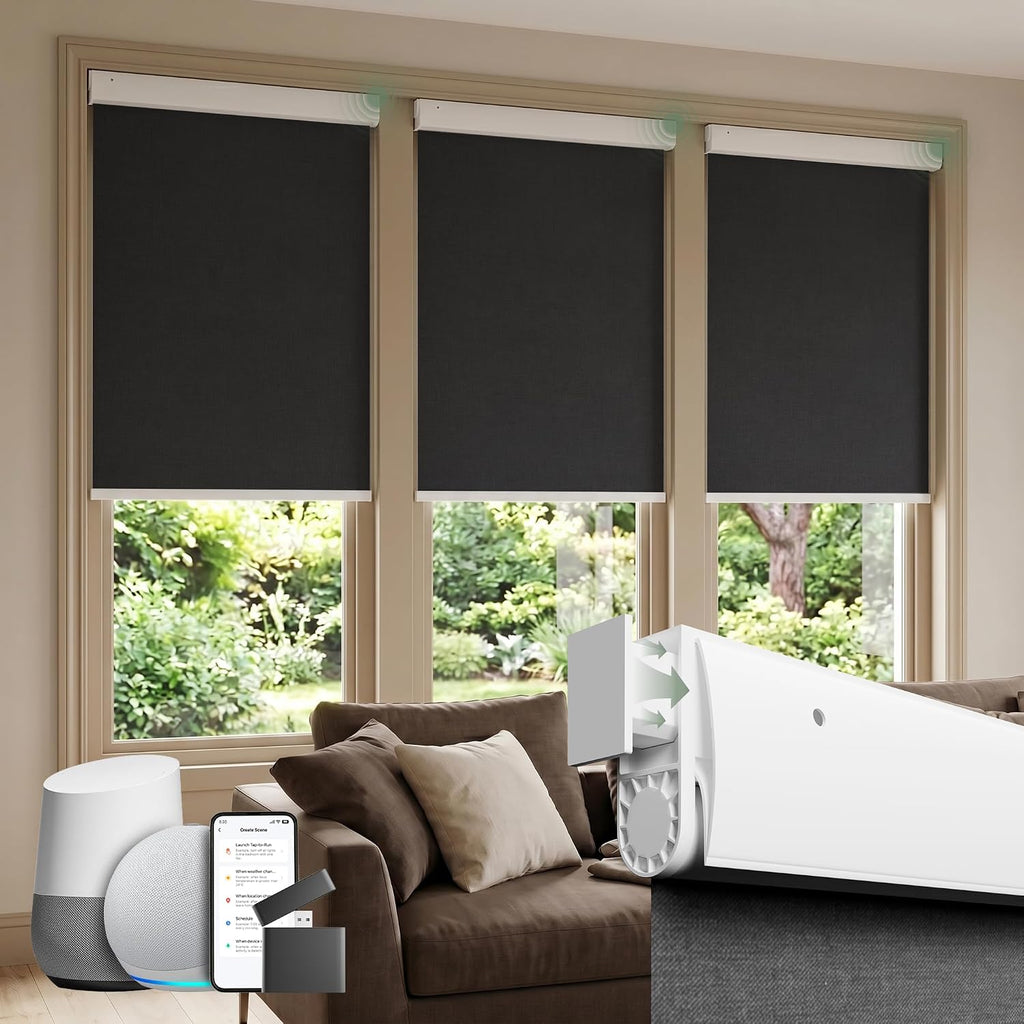 No Drill Motorized Blinds with Remote, Black, | 100% Blackout Smart Electric Roller Shades, Automatic Cordless Blinds