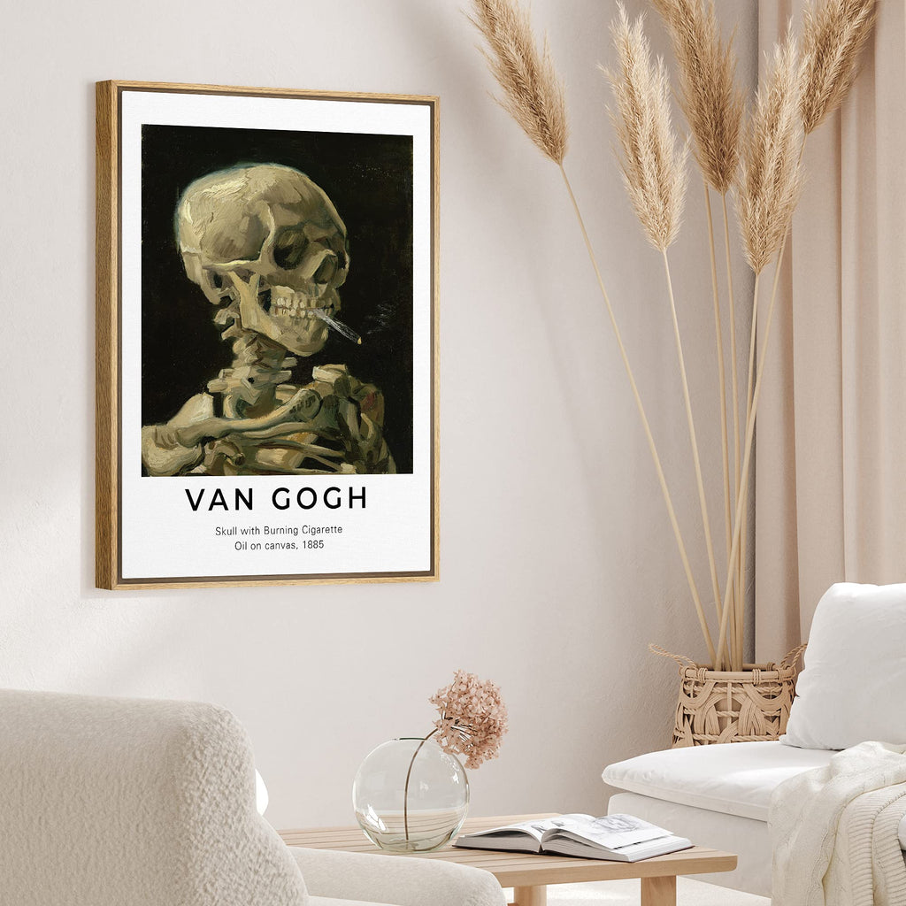 Framed Canvas Print Wall Art Van Gogh Skull with Burning Cigarette Decorative Brushstroke Illustrations Fine Art