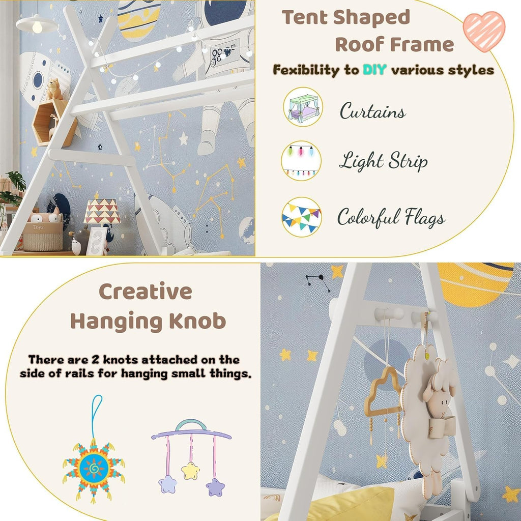 Twin Tent-Shaped Bed for Kids with LED Light, Teepee Floor Bed with Guardrails, Wooden Montessori Bed Frame