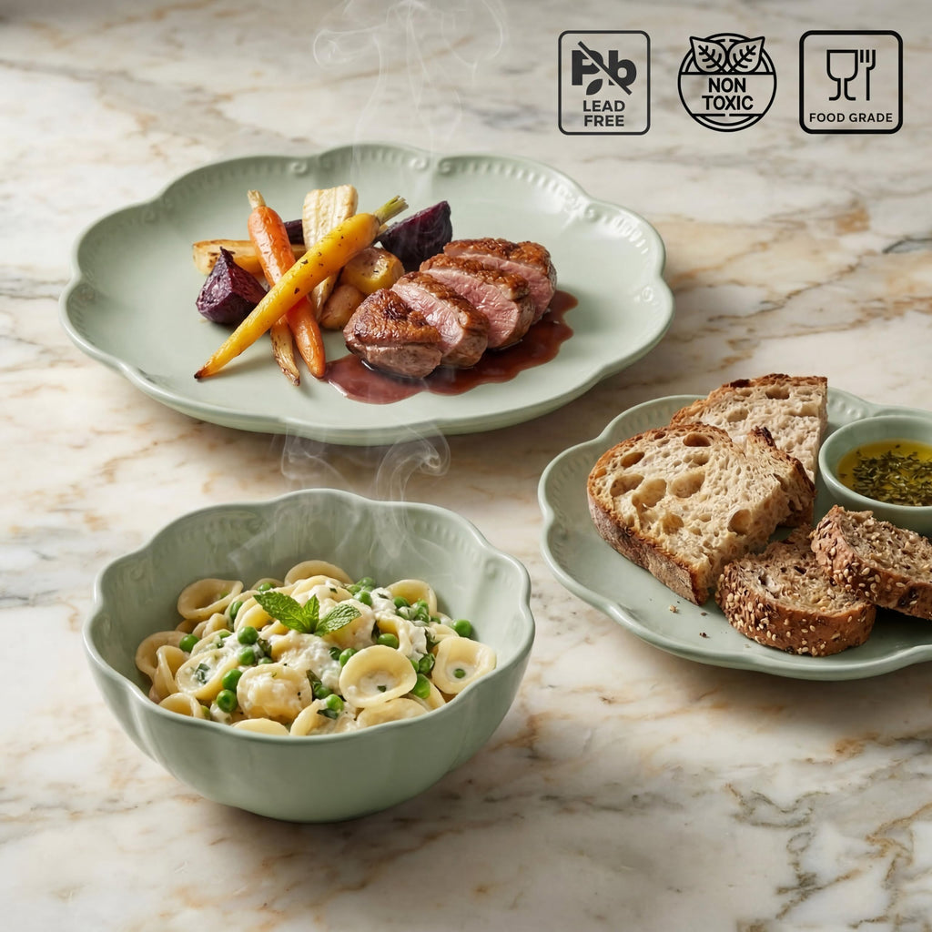12 Pieces Scalloped Dinnerware Set, Sage Green Dishes for 4, Premium Serving Plates & Bowls Sets, Chip Resistant