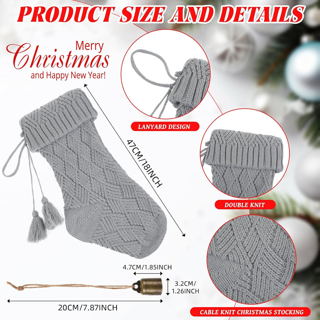 18'' Boho Brown with Bells Cable knitted Large Neutral Farmhouse Vintage Xmas Hanging Decorations - Set of 4