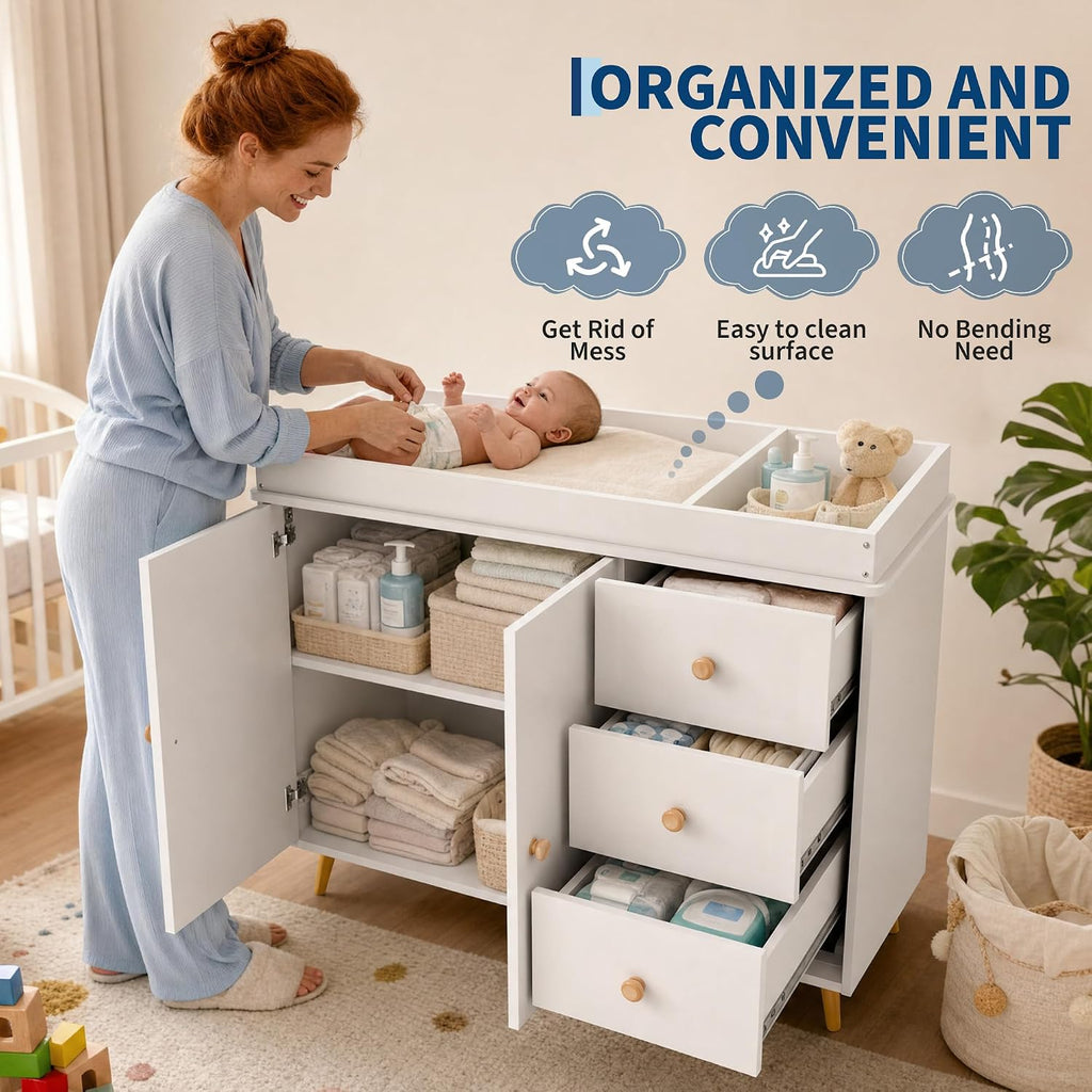 Baby Changing Table, White Wooden Dresser with 3 Drawers and Cabinet | Diaper Station with Waterproof Changing Pad