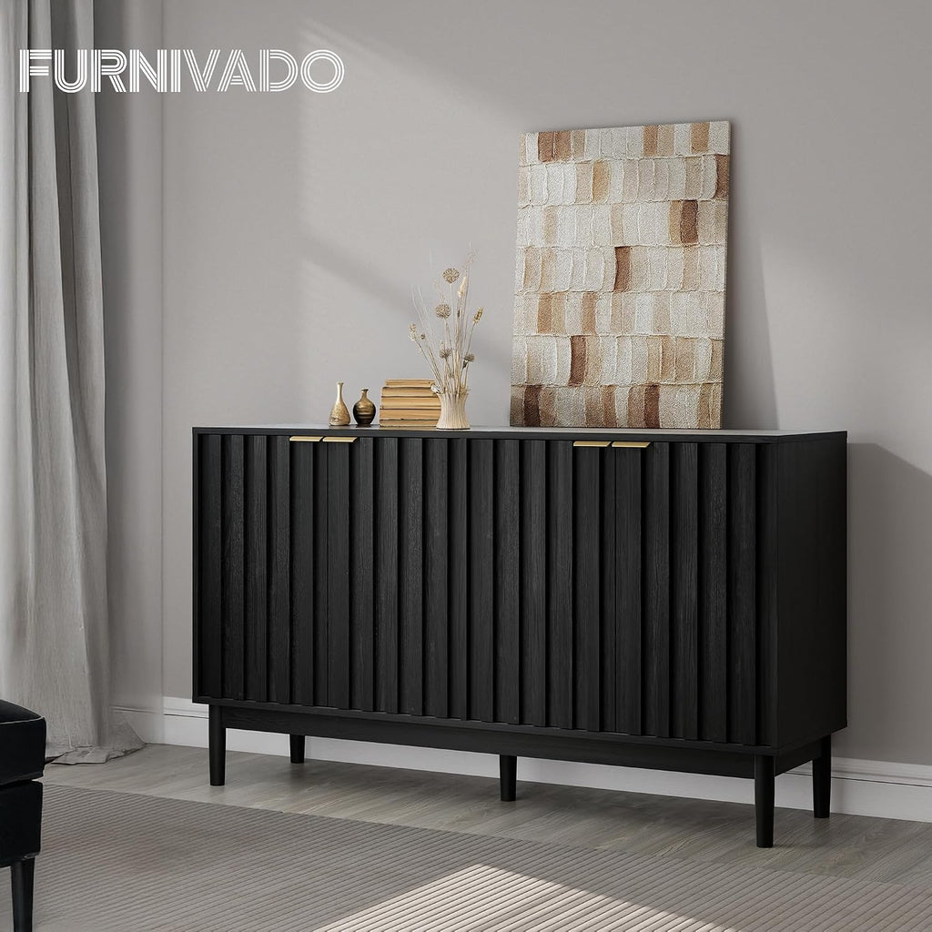 55" Fluted Buffet Cabinet with Storage, Accent Cabinet, Black | Wooden Sideboard with Adjustable Shelves, Accent