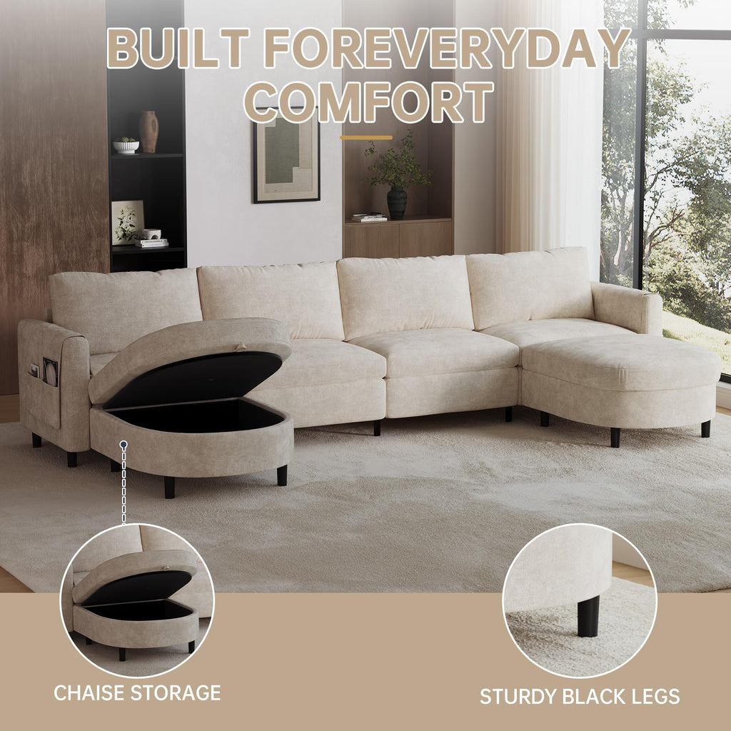 139" Beige White Sectional Couch U Shaped Sofa