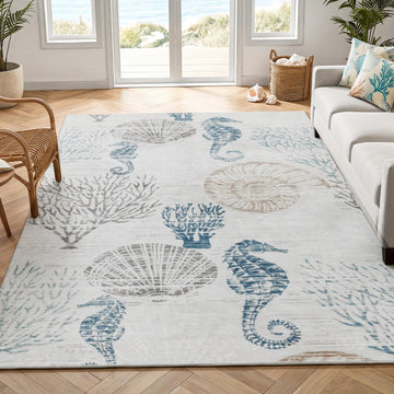 Boho Coastal Washable Area Rugs, Grey/Blue
