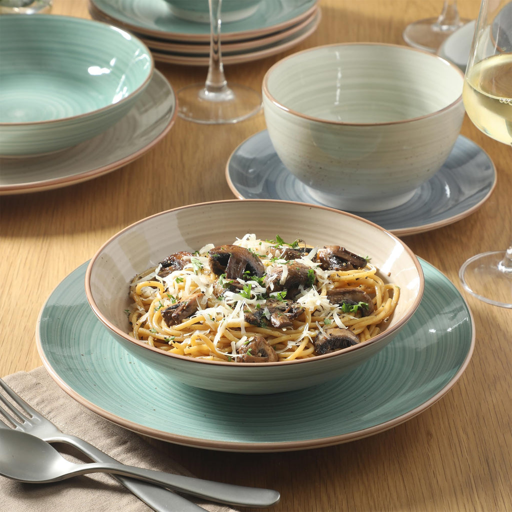 Stonebury 16 Piece Plates and Bowls Assorted Color Dishes - Handpainted Stoneware Dinnerware Set - Service for 4