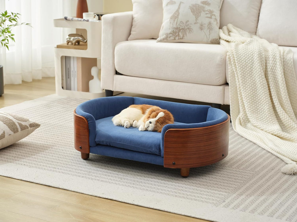 Scandinavian Style Elevated Dog Bed Pet Sofa with Solid Wood Legs and Walnut Bent Wood Back, Dark Blue Velvet, Mid Size