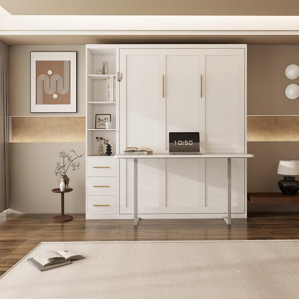 Queen Murphy Bed with Desk and Side Storage, Foldable Wall Bed with Drawers and Shelves, Space-Saving Cabinet Bed for