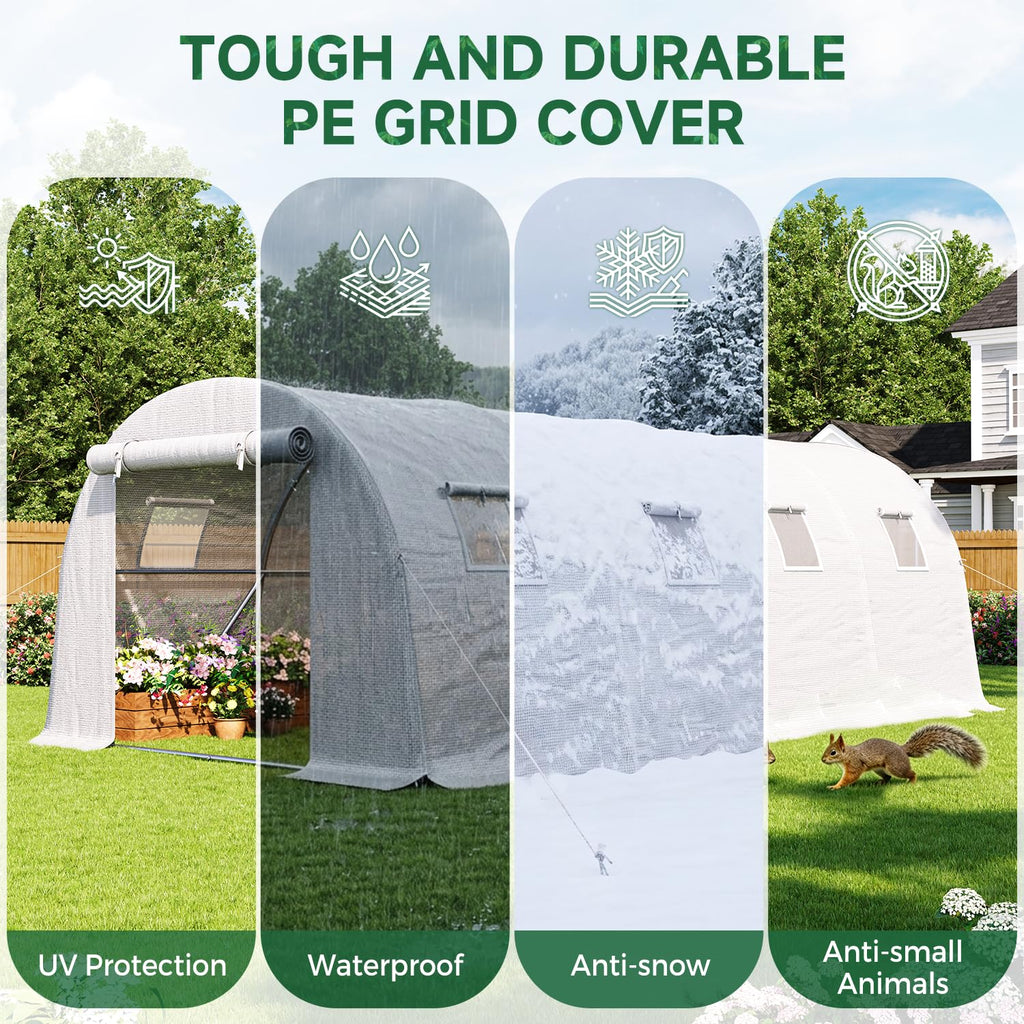 20*10*7FT Walk-in Tunnel Greenhouse, Galvanized Steel, White