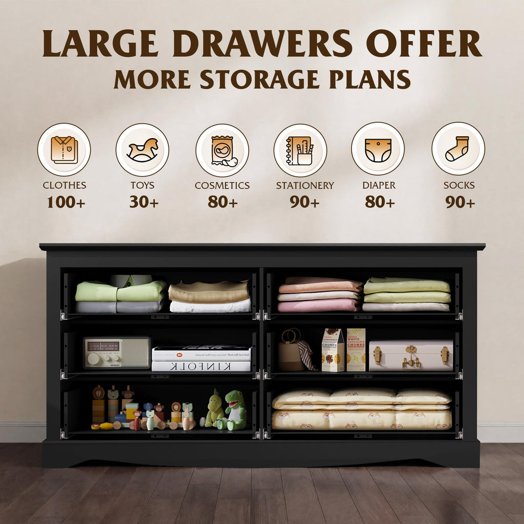 6 Drawer Dresser, 59" Wood Dresser with Anti-Tip Structure