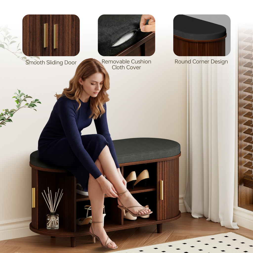 2-Tier Storage Bench, Wide Shoe Bench with Thickened Padded Seat Cushion, Mid Century Modern Fluted Sliding Door and