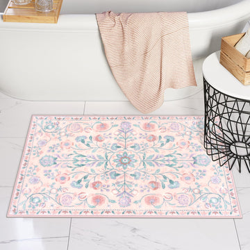 Pink Floral Boho Vintage Medallion Bath Mat, 20x32 inch, Non-Slip, Machine Washable, Soft Plush, Multifunctional