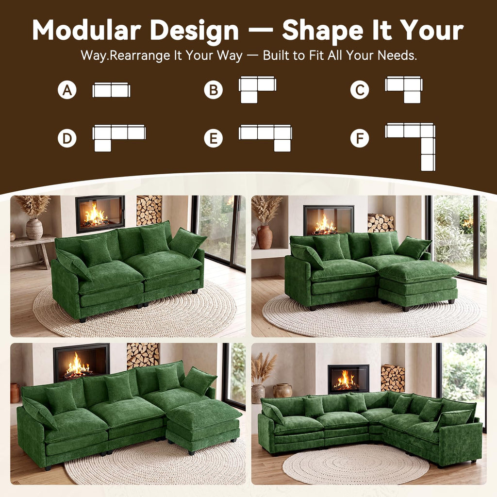 77" Cloud Chenille Sofa Loveseat Couch, Sectional with Ottoman, Green
