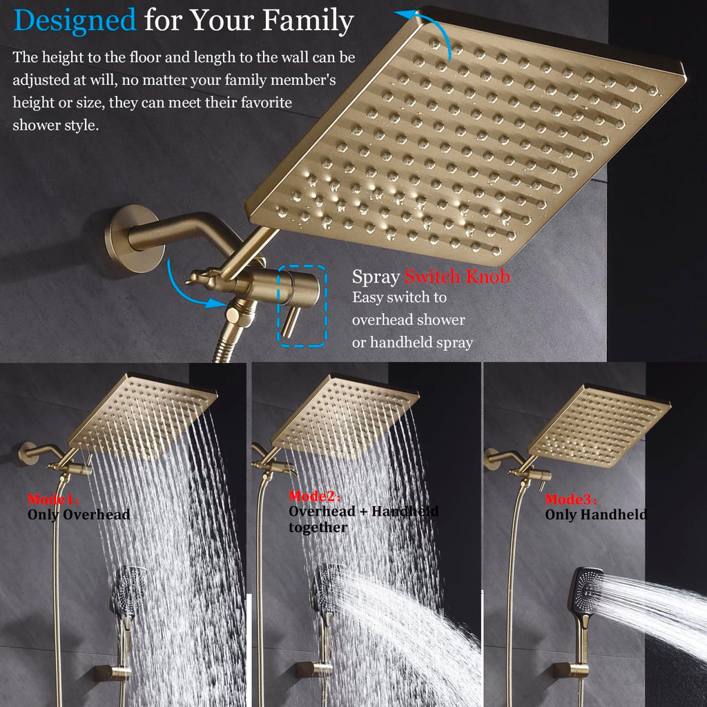 Shower Faucet Set with Tub Spout Brushed Gold 10 Inch Rainfall Shower 4 Setting Spray Mixer Shower System Modern