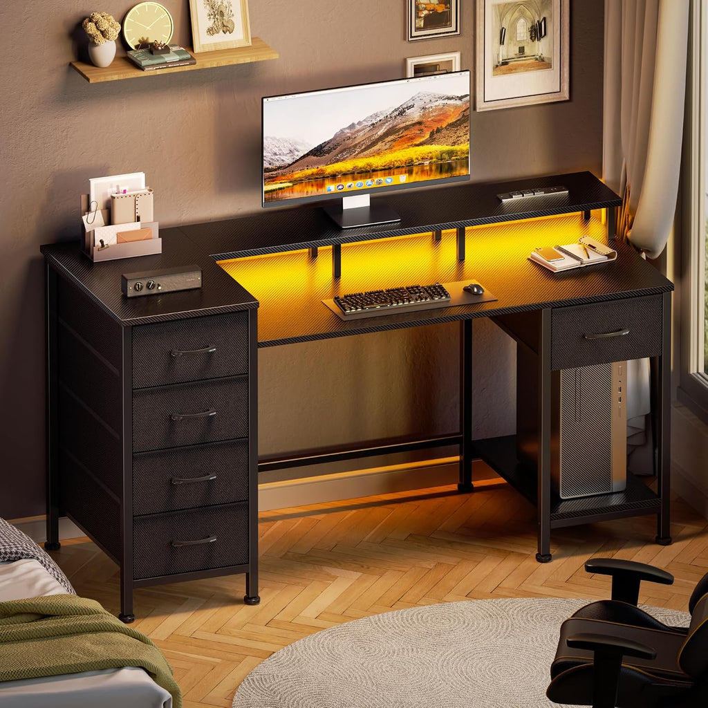 47 Inch Computer Gaming Desk with Power Outlets & LED Lights Reversible Home Office Desk with Adjustable 5 Fabric