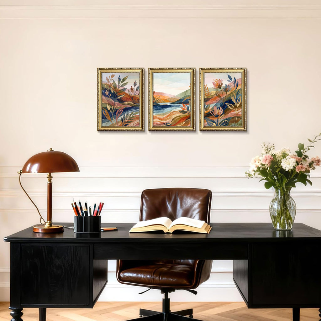 Gold Framed Abstract Landscape Wall Art Set of 3, Colorful Botanical Mountain Picture Wall Decor, Boho Nature Canvas