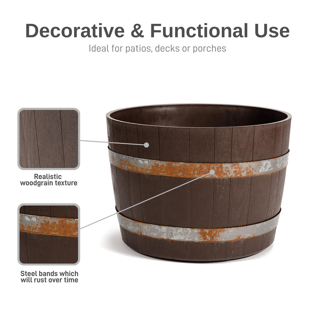 Better Barrel 18-Inch Outdoor Planter, Walnut - Rustic Whiskey Barrel Style Heavy-Duty Resin Pot with Rusting Steel