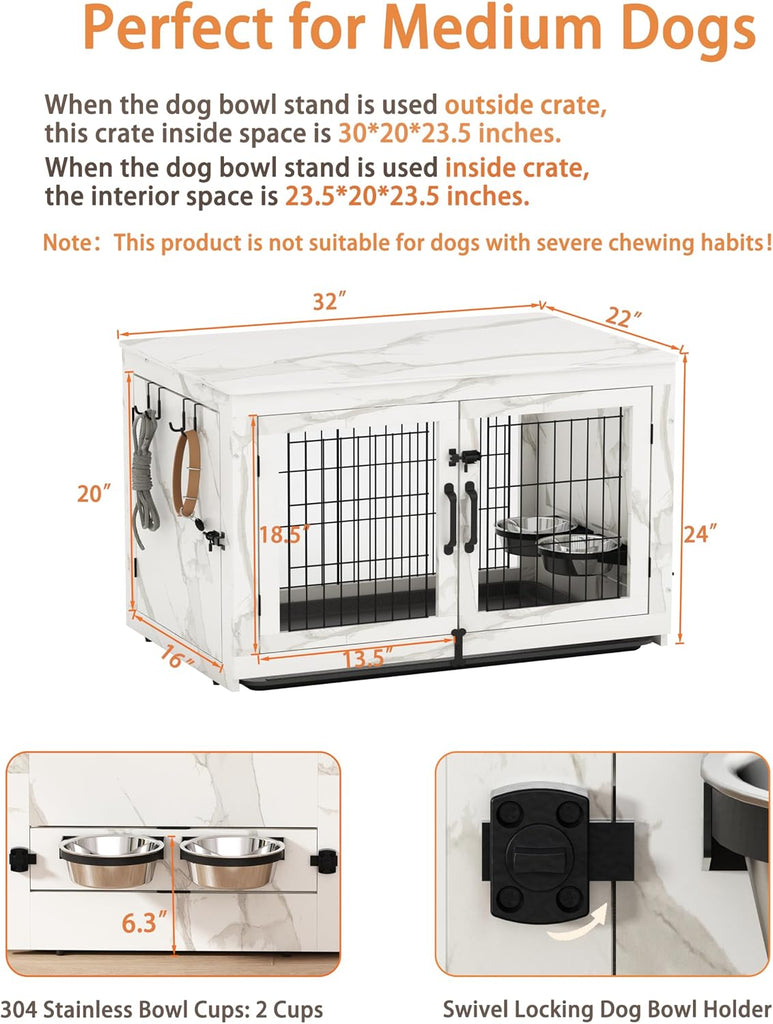 Wooden Dog Crate Furniture with 360°Rotatable Removable Dog Bowls, Dog Crate End Table with Tray, Double Doors Dog