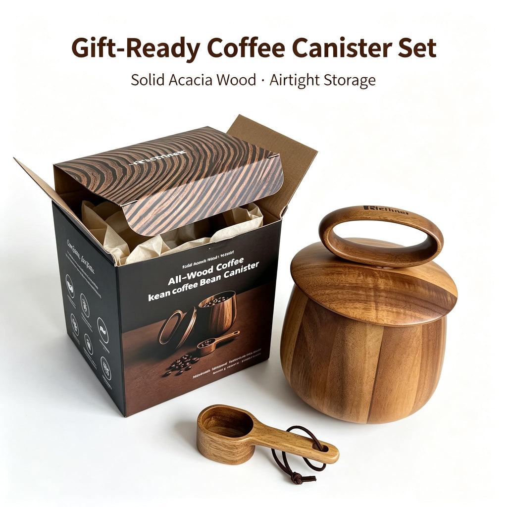 Acacia Wood Coffee Canister with Wooden Scoop, 21 fl oz (628 mL) Coffee Bean Storage Container with Silicone Seal