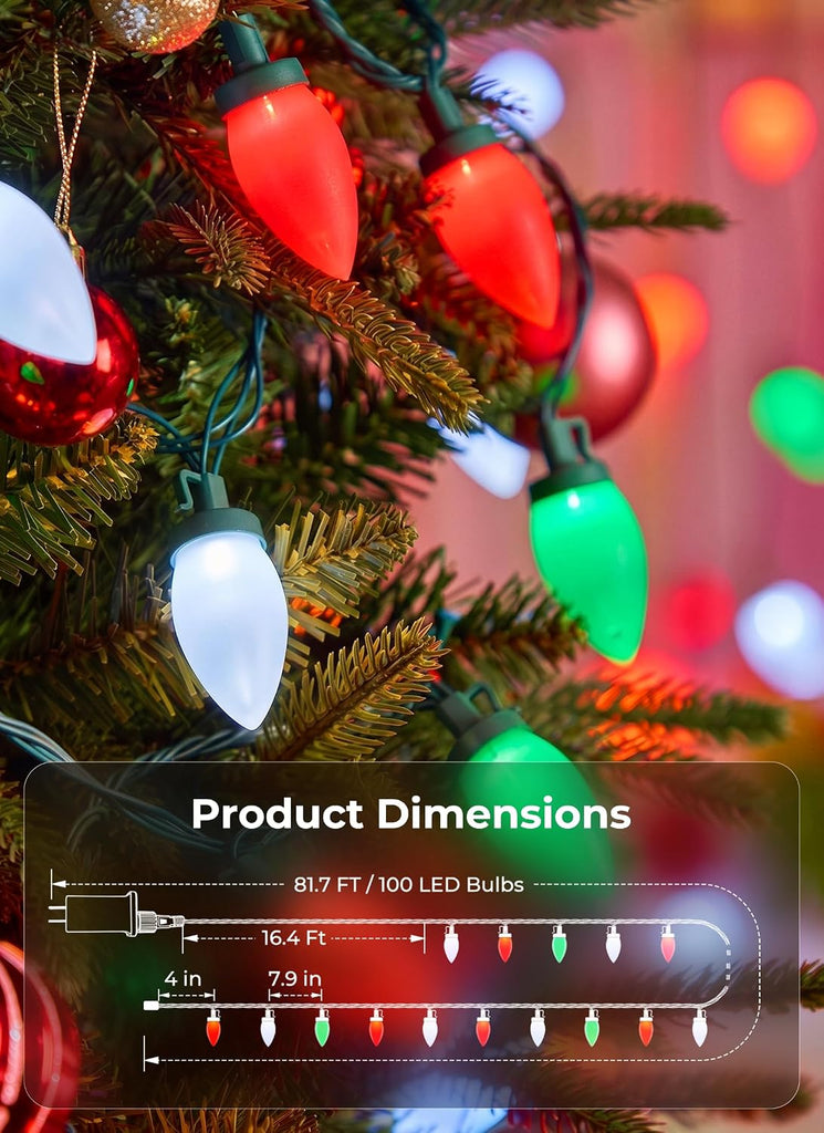 C9 Christmas Lights Outdoor, 81FT 100 LED C9 String Lights, Timer & 8 Modes