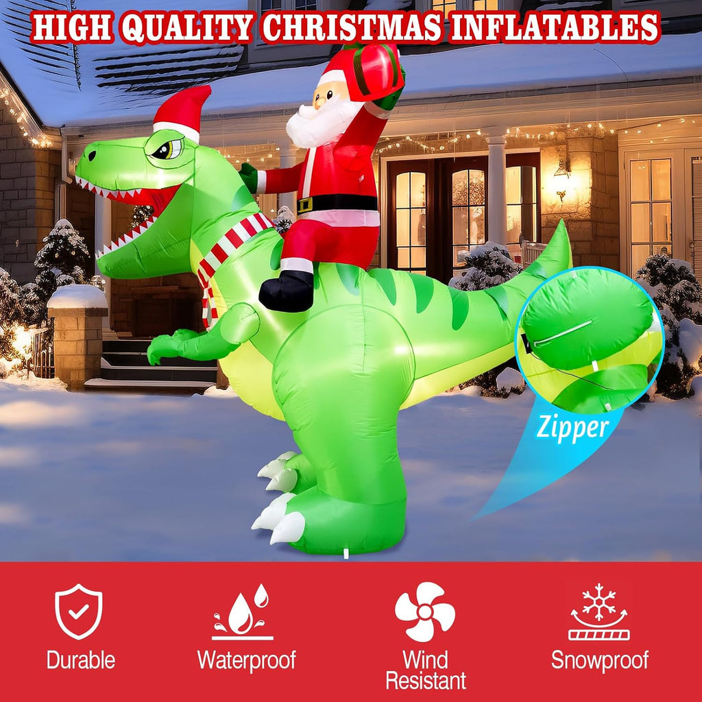 8FT Christmas Inflatable Santa Riding Giant Dinosaur with Scarf & Candy Cane & Xmas Gift Decoration, Christmas Blow
