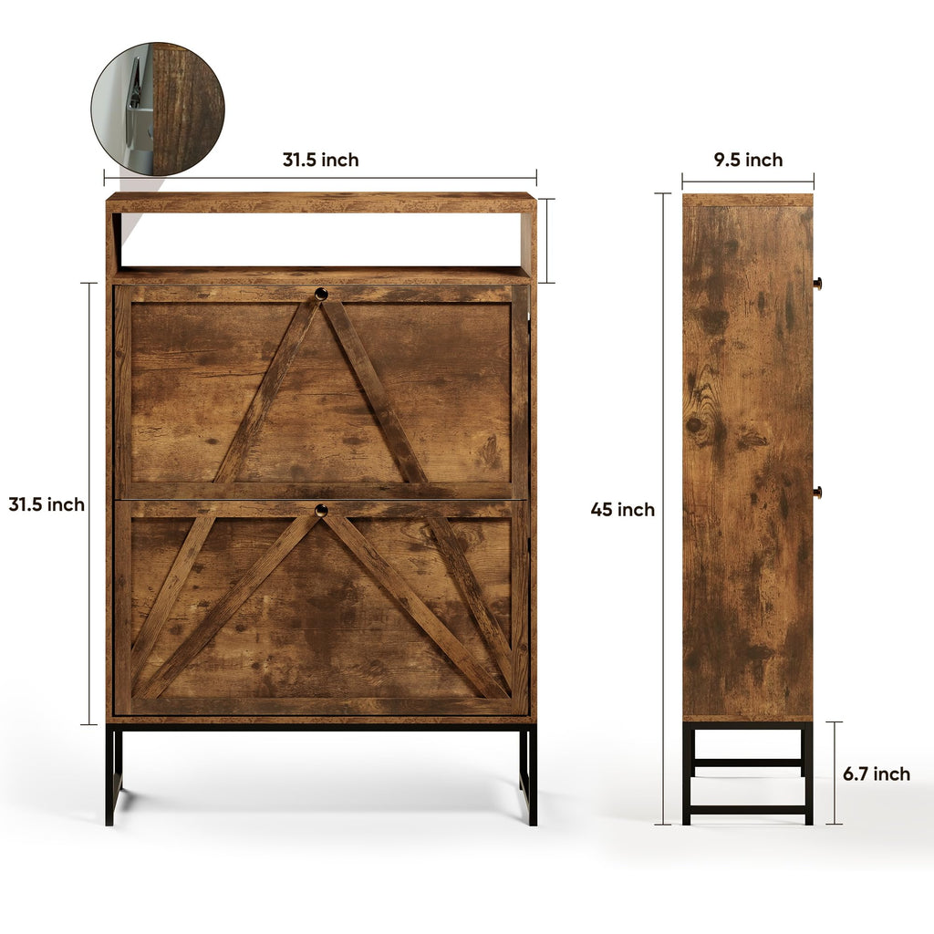 Shoe Storage Cabinet with 2 Flip Drawers, Modern Hidden Shoe Storage Organizer, Narrow Wooden Freestanding Shoe Rack