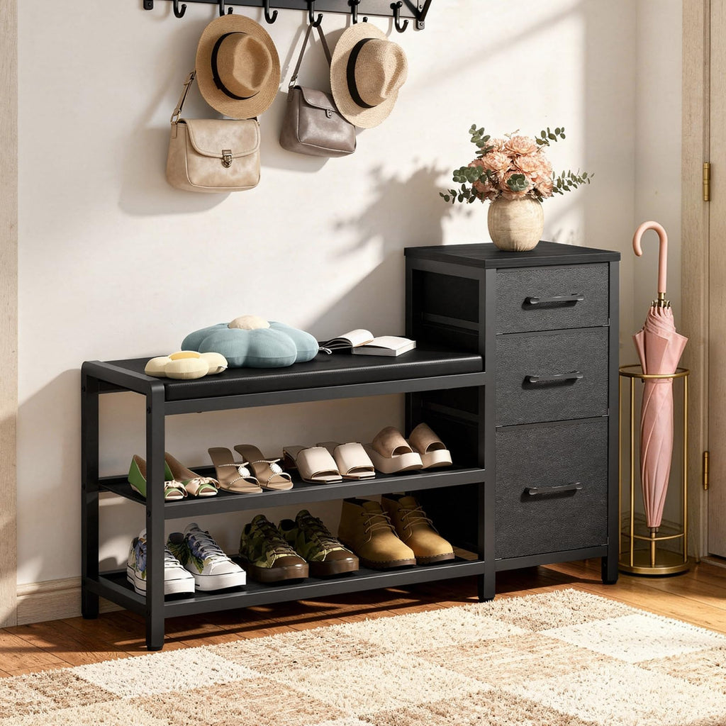 Entryway Bench with Shoe Storage, 3-Tier Shoe Rack Bench with Wooden Shelves and 3 Non-Woven Drawers, PU Padded Shoe