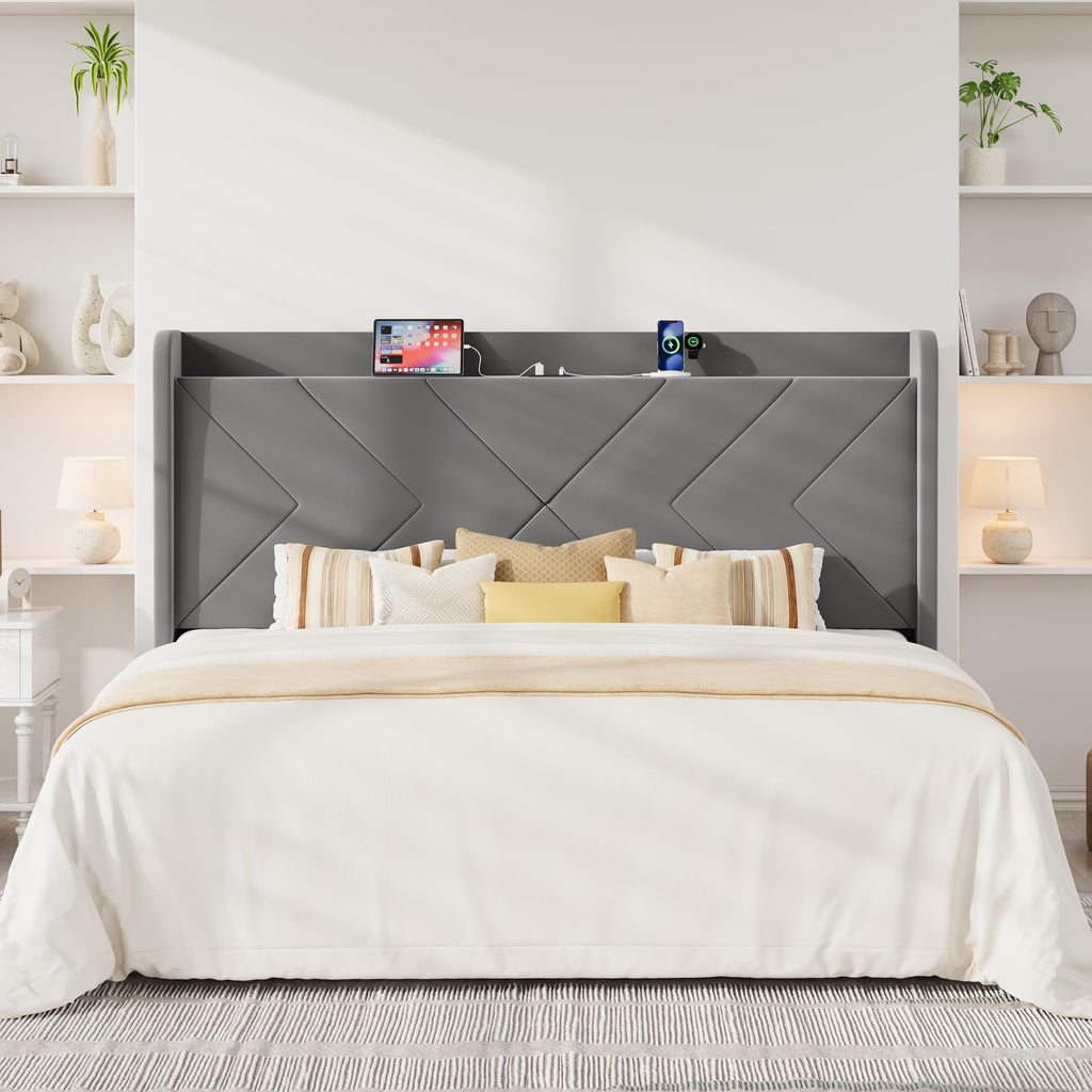 King Size Velvet Bed Frame with Charging and Shelf, Grey