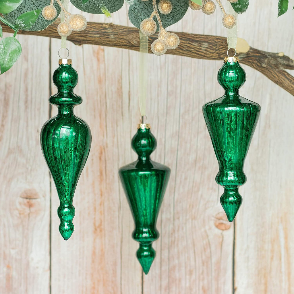 Green Mercury Glass Christmas Ornaments Set of 4 Large Hanging Christmas Icicles Finials for Xmas Tree Decoration