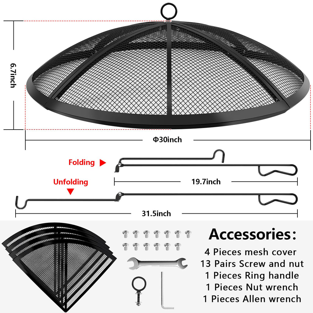 Fire Pit Spark Screen, Fire Pit Screen 30 Inch Round with Handle & Poker