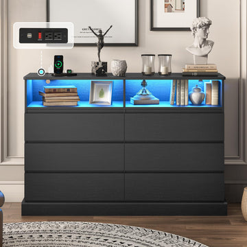 Black Dresser with LED Lights with Charging Station, 6 Drawer Double Dresser with No Handle Drawers, Modern Chest of