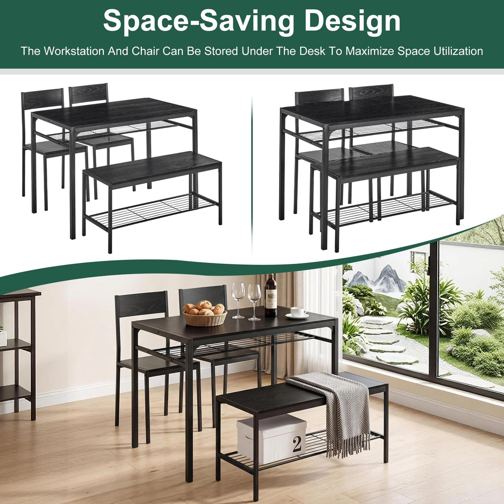Kitchen Dining Room Table with 2 Chairs & Bench, Compact Space-Saving Design, Easy Assembly Steel Frame, Perfect for
