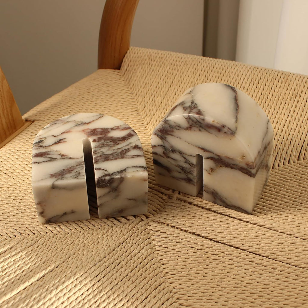Set of 2 Natural Calacatta Viola Marble Bookends for Shelves, Decorative Book Ends for Heavy Books, Book Stopper