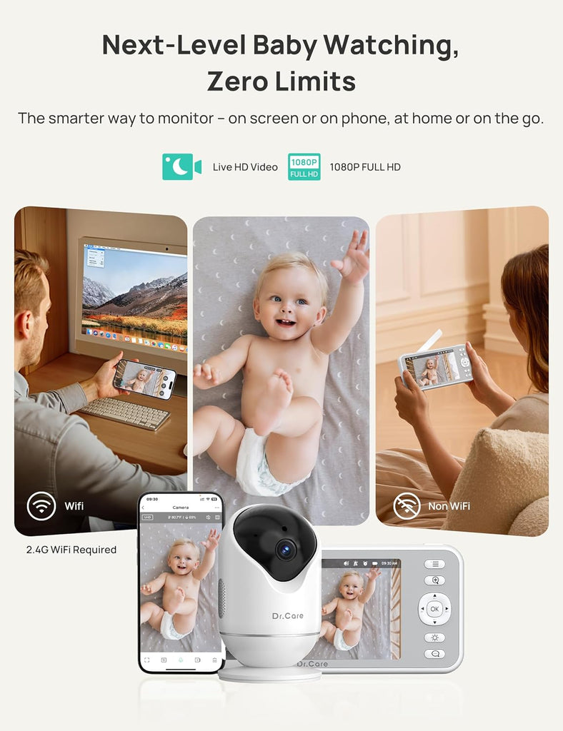 VistaView 5" 1080P Smart WiFi Baby Monitor with Camera & Clip Mount
