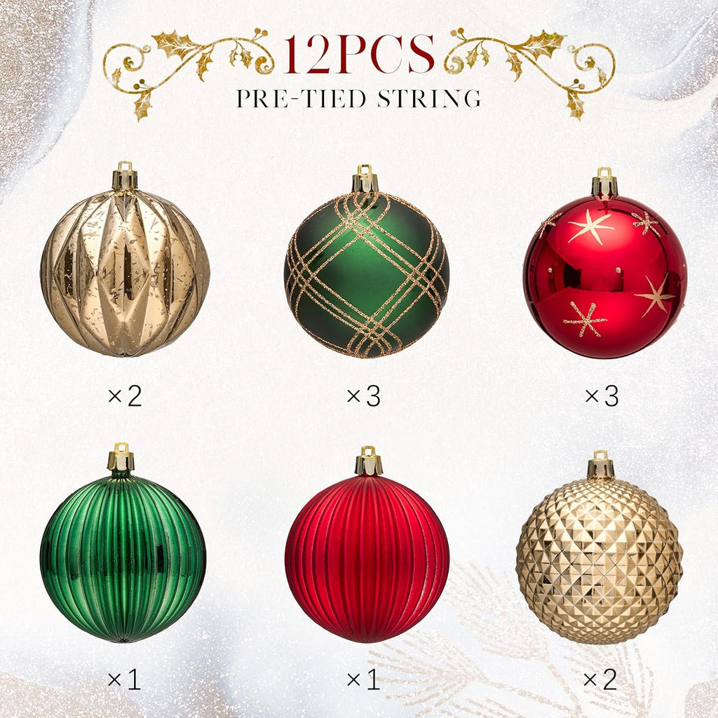 Christmas Tree Ornaments Set of 12, 3.15inch/80MM Shatterproof Plastic Xmas Tree Ball Ornaments Bulk Decorative