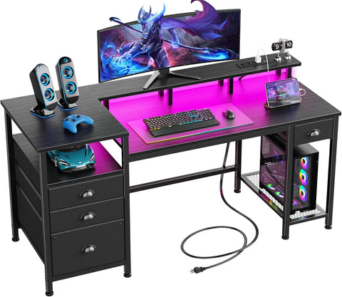 60" Black Computer Desk with 4 Drawers and Printer Space, Gaming Desk with LED Lights and USB Power Outlets
