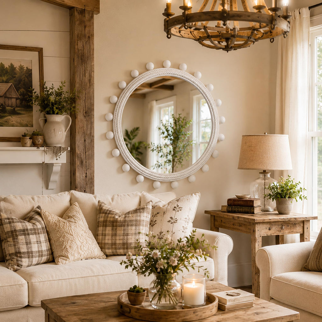 30" Round Rope Wall Mirror with 2 in Whitewashed Wood Beads