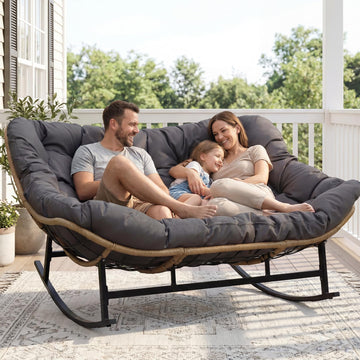 Double Wide Rocking Papasan Chair Outdoor Indoor for 2, PE Wicker Patio Rocking Chair with Cushion and Frame, Heavy