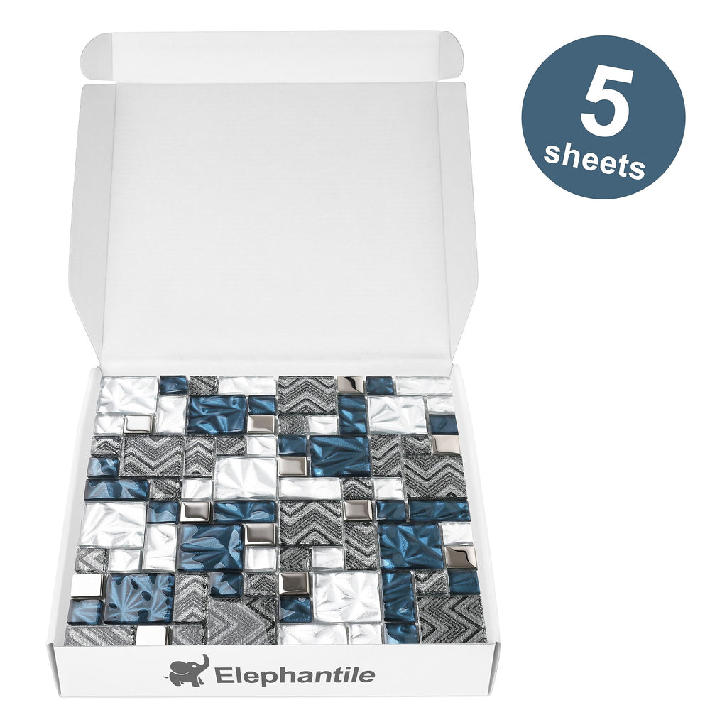 Blue White Glass Tile Bathroom Backsplash Wall Versailles Pattern Mosaic [Set of 5]