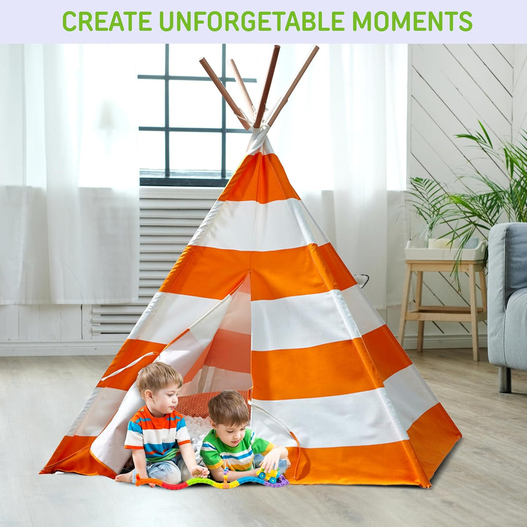 Indoor Teepee Tent - Durable Cotton Canvas with White Stripes, Easy Assembly, Orange Playhouse