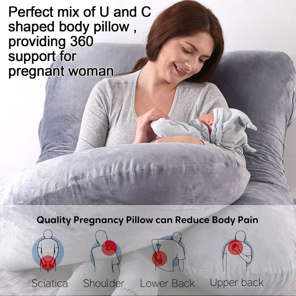 U-Shaped Full Body Pillow for Adults, Maternity Pillow with Washable Velvet Cover, Ergonomic Support for Back, Belly