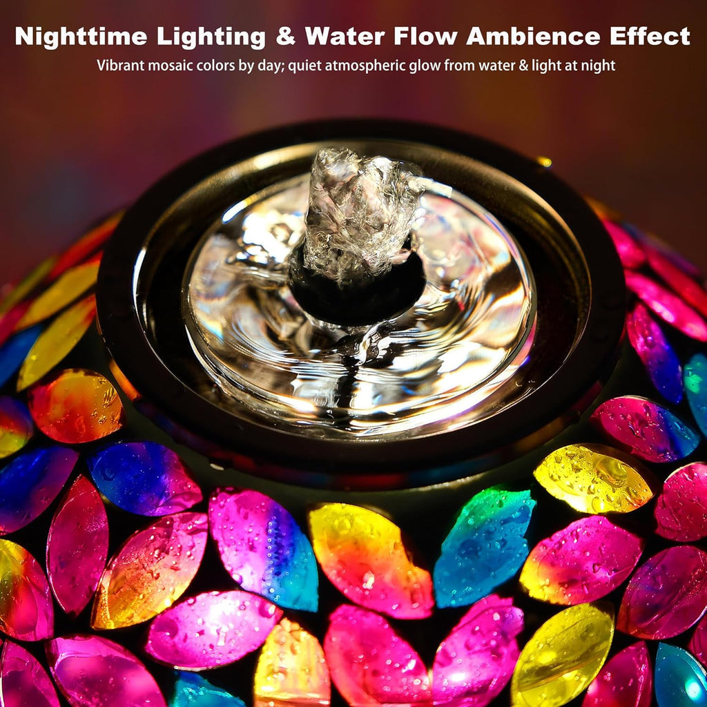 Mosaic Glass Fountain, Floor-Standing Lighted Water Feature with Quiet Pump, Decorative Accent Lighting Garden