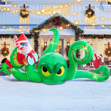 12FT Christmas Inflatables Green Octopus with Santa and Gift Box, Christmas Blow up Yard Decoration Inflatable Deer